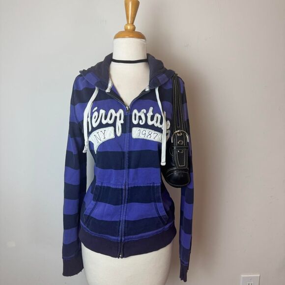 Y2K Vintage Early 2000s Aeropostale zip-up stripped Light Hoodie - Picture 1 of 5